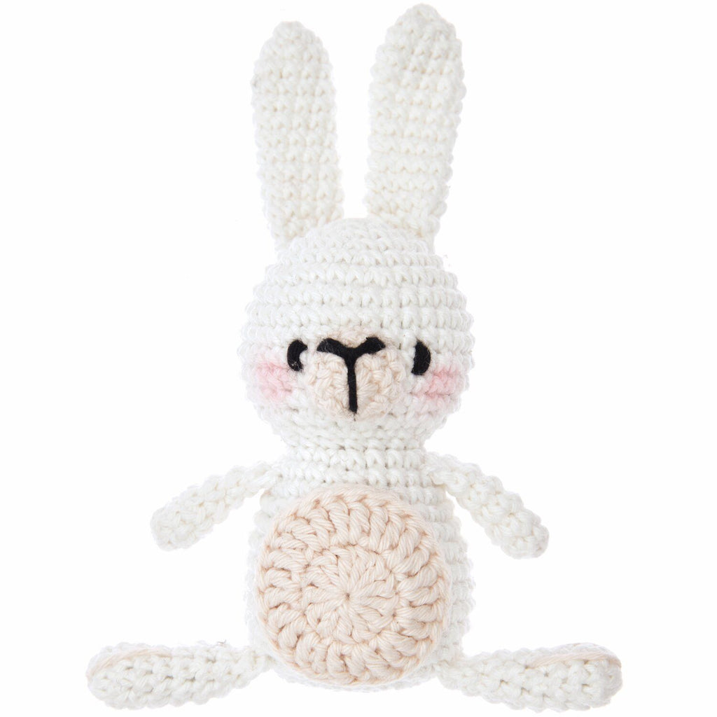 Caja blanca del Kit de tejido Amigurumi Mini Easy de Rico Design mostrando un pequeño conejito tejido a crochet en tonos suaves con orejas largas.