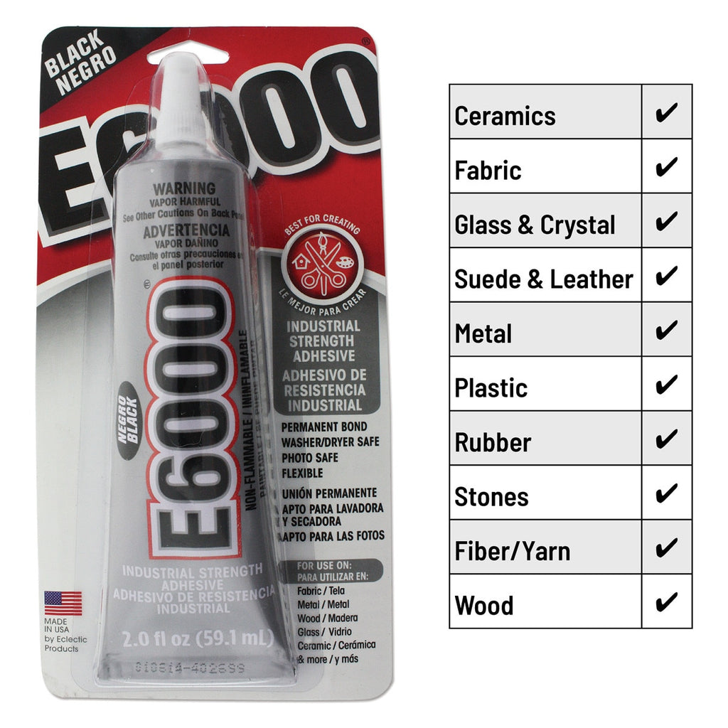 Tubo de pegamento industrial E6000 color negro de 2 onzas con boquilla aplicadora de metal, ideal para bisutería y manualidades oscuras.