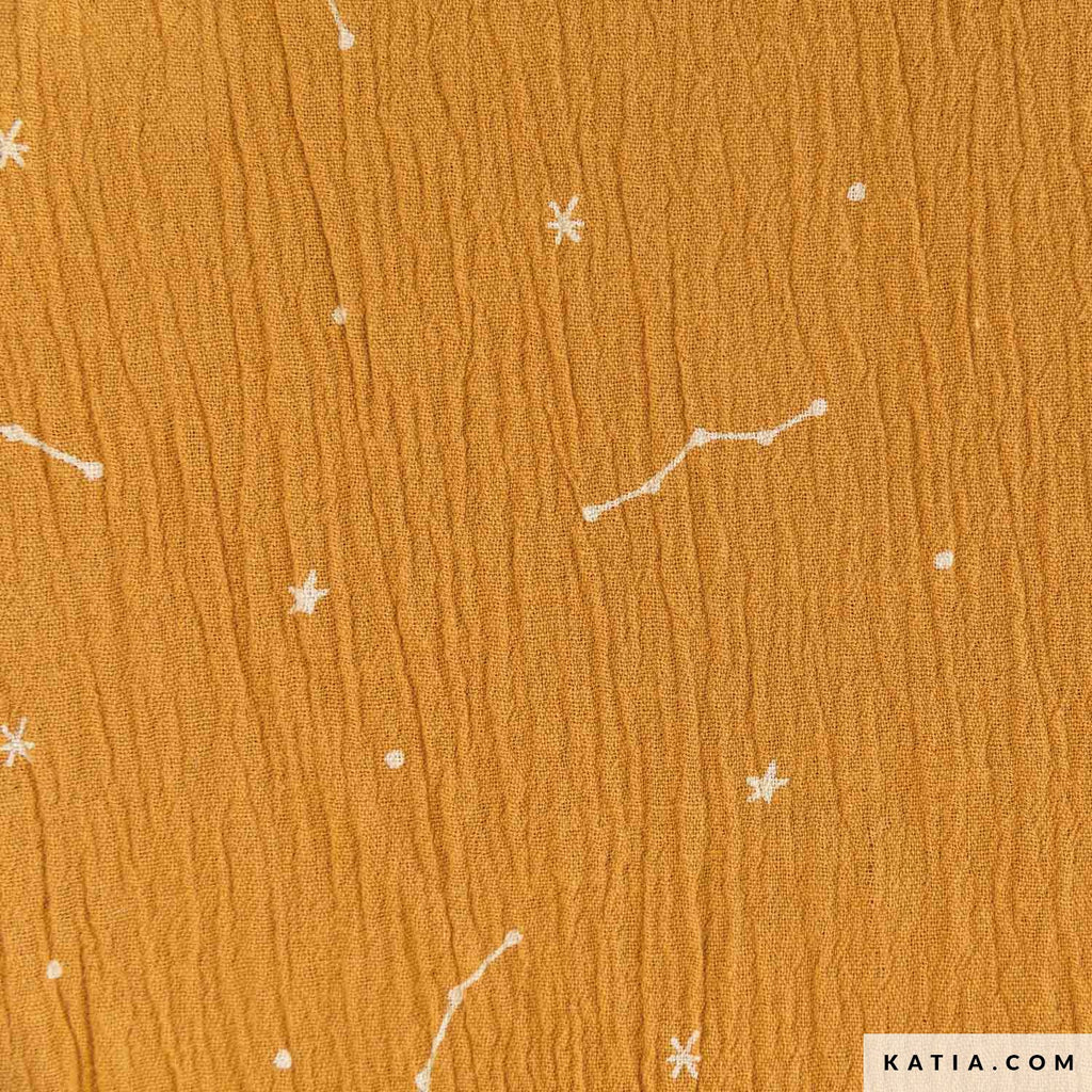 Tela Bambula Print "Stars Mustard" (100% Algodón) <br>De Corte, 130cm de ancho