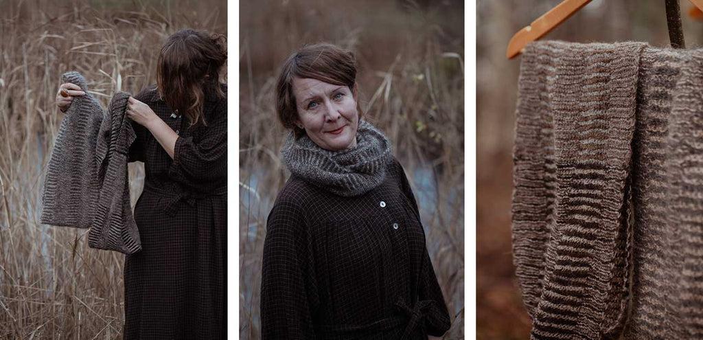 The Island and the FoThe Island and the Forest — suéter Tistel beige con canesú de colorwork gris oscurorest — cuello Aska en gris con textura acanalada