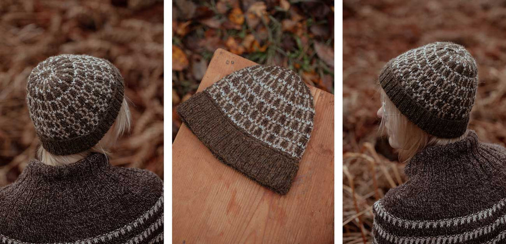 The Island and the Forest — gorro Stig en café con colorwork crudo, y cuello a juego