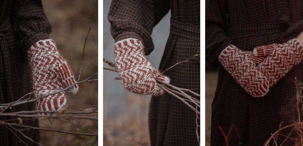 The Island and the Forest — guantes Tvelvar con motivo rojo sobre crudo