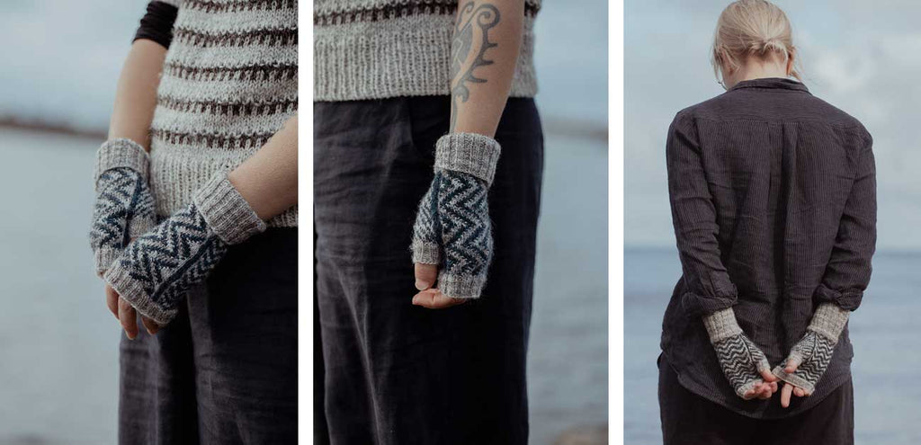 The Island and the Forest — mitones sin dedos Vag con colorwork gris y crudo