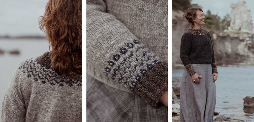 The Island and the Forest — suéter Haugvag gris con canesú de colorwork azul