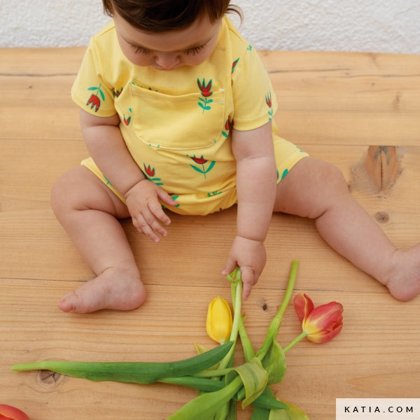 Tela Jersey "Tulips Yellow" (95% Algodón/5% Elastán) <br> De Corte, 145cm de ancho