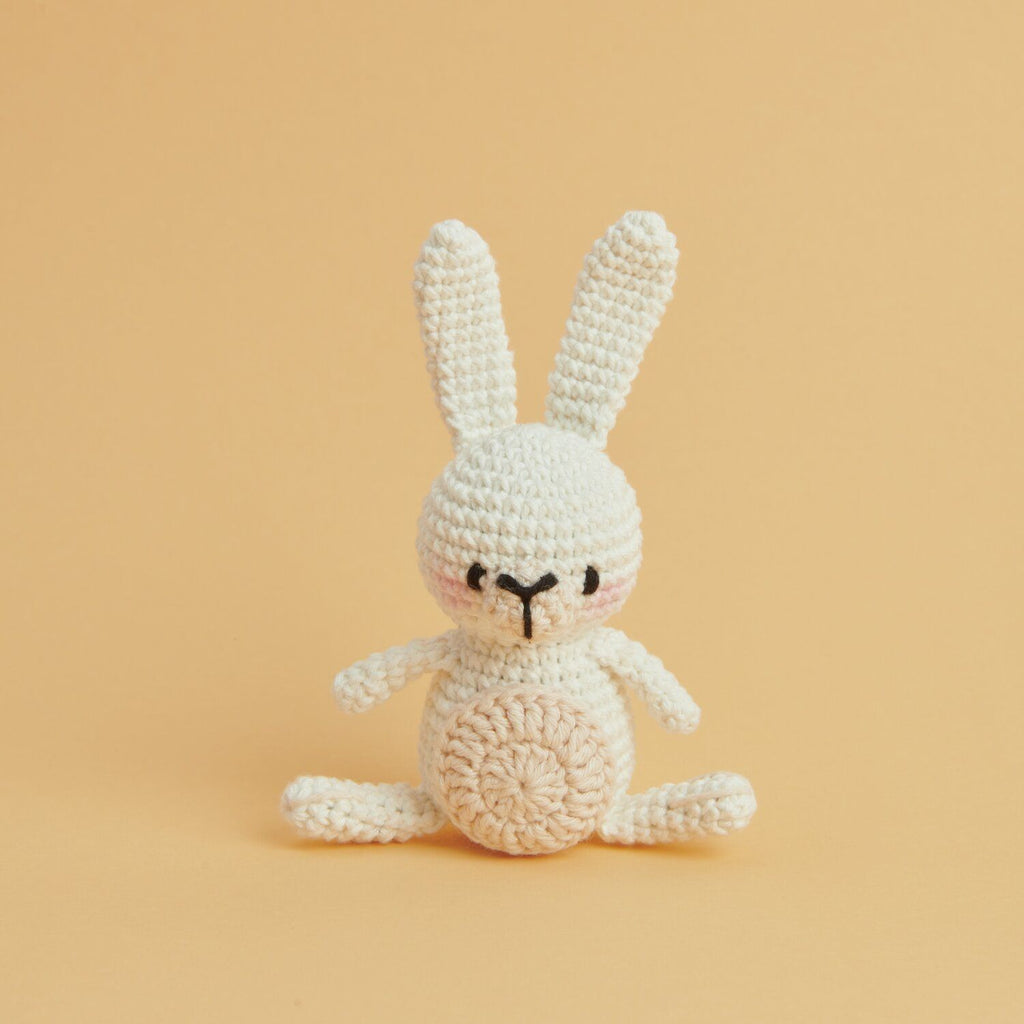 Caja blanca del Kit de tejido Amigurumi Mini Easy de Rico Design mostrando un pequeño conejito tejido a crochet en tonos suaves con orejas largas.