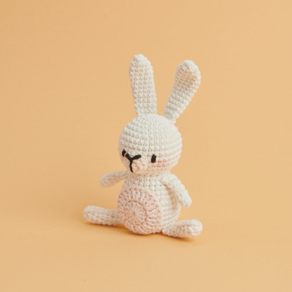 Caja blanca del Kit de tejido Amigurumi Mini Easy de Rico Design mostrando un pequeño conejito tejido a crochet en tonos suaves con orejas largas.