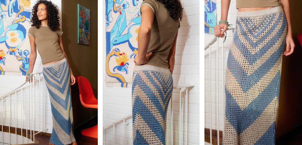 Let’s Crochet! 2 — falda con chevrones azul y crudo, patrón de Anna Erlandsson