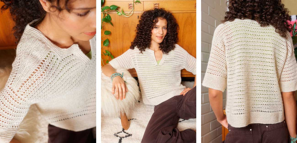 Let’s Crochet! 2 — suéter crudo con cuello en V, patrón de Kirsten Joel