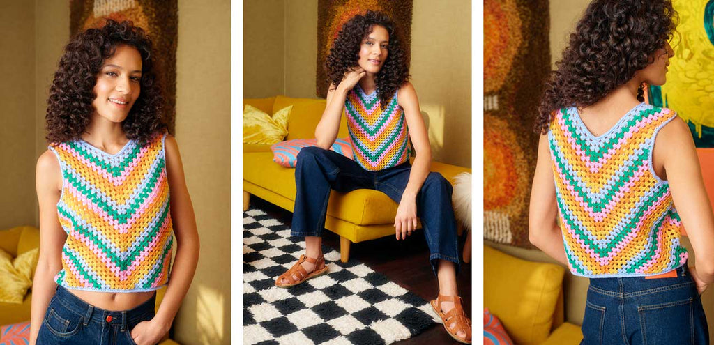 Let’s Crochet! 2 — top de franjas de colores a crochet, patrón de Julia Madill