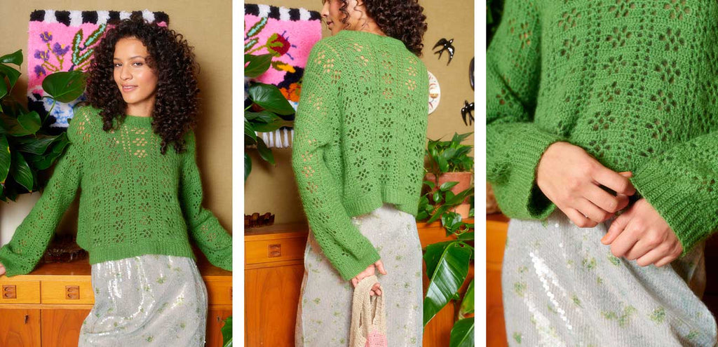 Let’s Crochet! 2 — suéter verde con calados a crochet, patrón de Nikki Reynolds