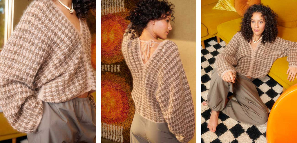 Let’s Crochet! 2 — suéter beige con motivo de cuadros, patrón de Lisa Richardson