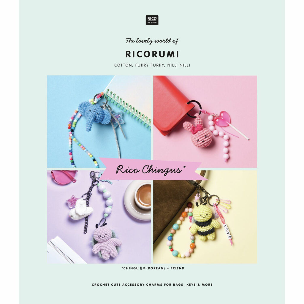 Portada del libro de patrones Ricorumi "Rico Chingus" de Rico Design, mostrando varios amigurumis pequeños estilo kawaii tejidos a crochet.