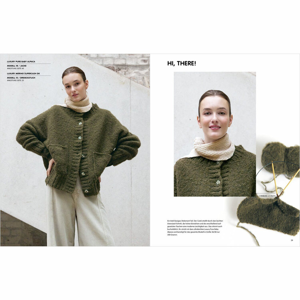 Libro de patrones de tejido Luxury Knits Natural Fibres de Rico Design, mostrando una prenda elegante tejida a mano.