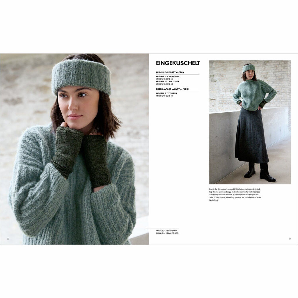 Libro de patrones de tejido Luxury Knits Natural Fibres de Rico Design, mostrando una prenda elegante tejida a mano.