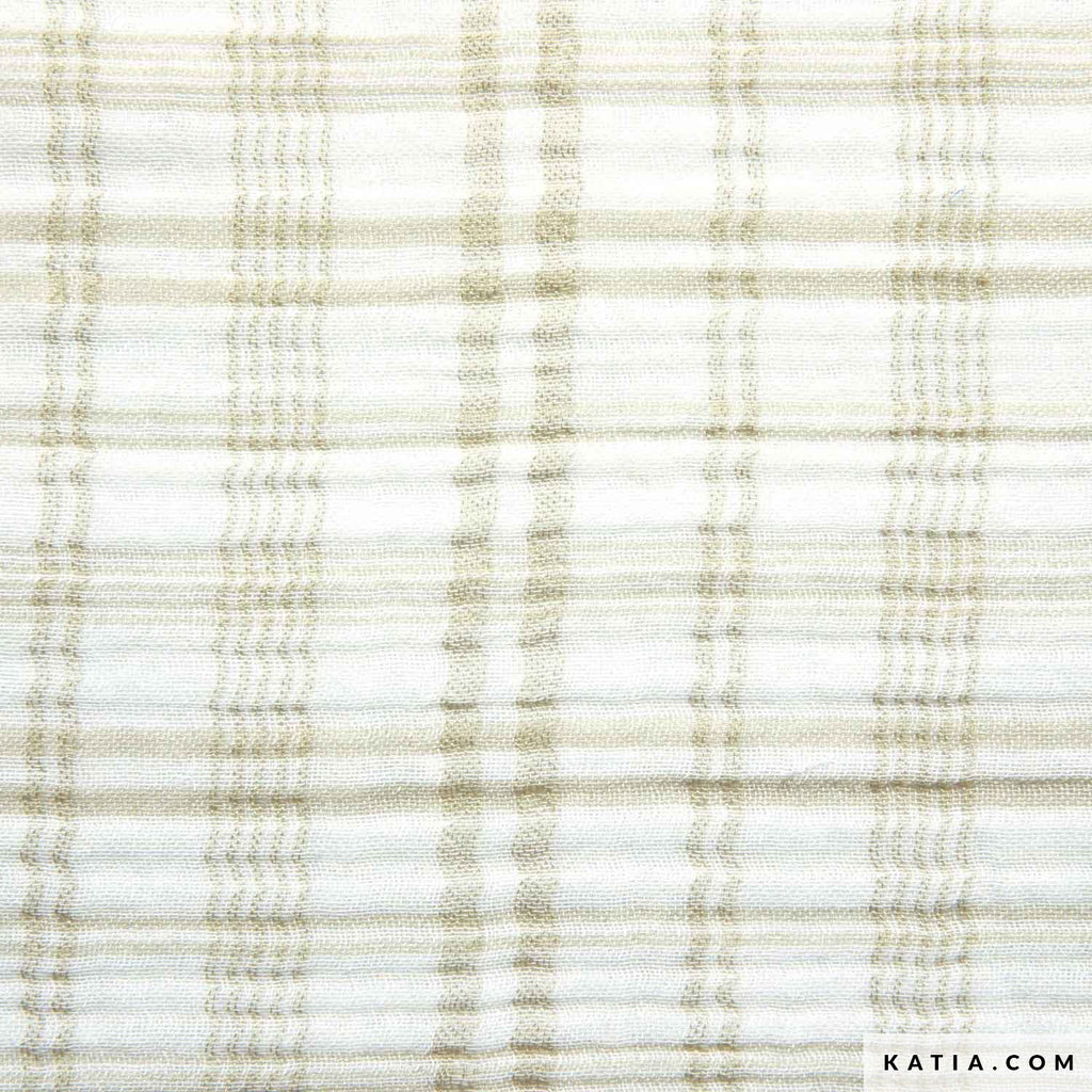 Tela de muselina doble gasa de Katia Fabrics en color linen con un delicado estampado de cuadros, ideal para ropita de bebé, tutitos y accesorios.