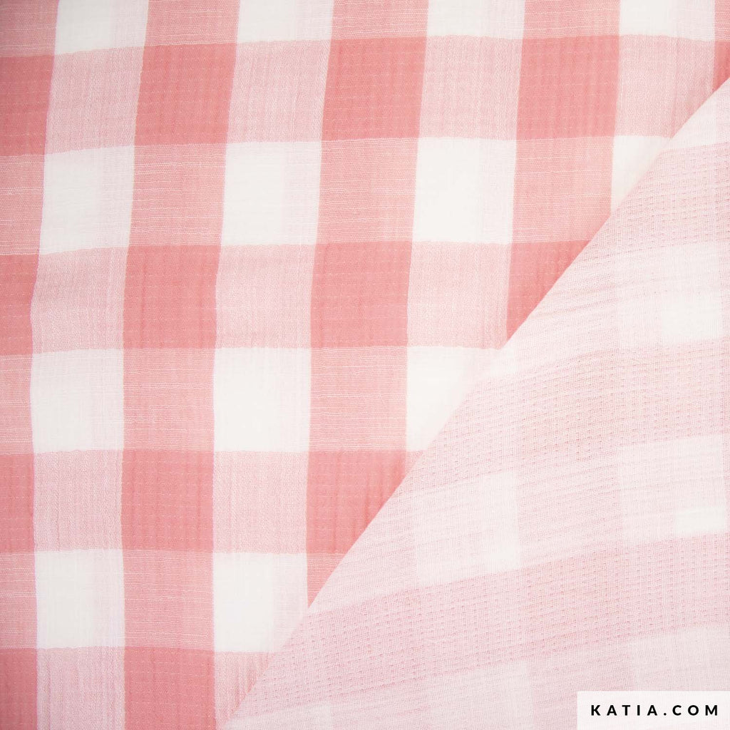 Tela de muselina doble gasa de algodón de Katia Fabrics con estampado de cuadros Vichy y textura arrugada, ideal para ropa de guagua y vestidos de verano.