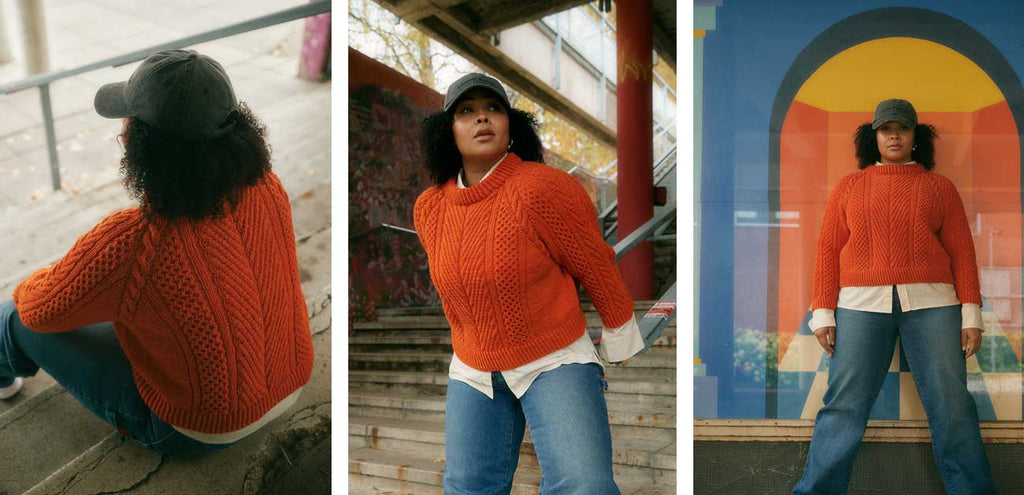 My City, My Stitches — suéter Itis naranja con trenzas, vistas del diseño
