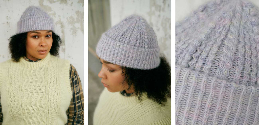 My City, My Stitches — gorro Myllypuro lila con textura, vistas del diseño