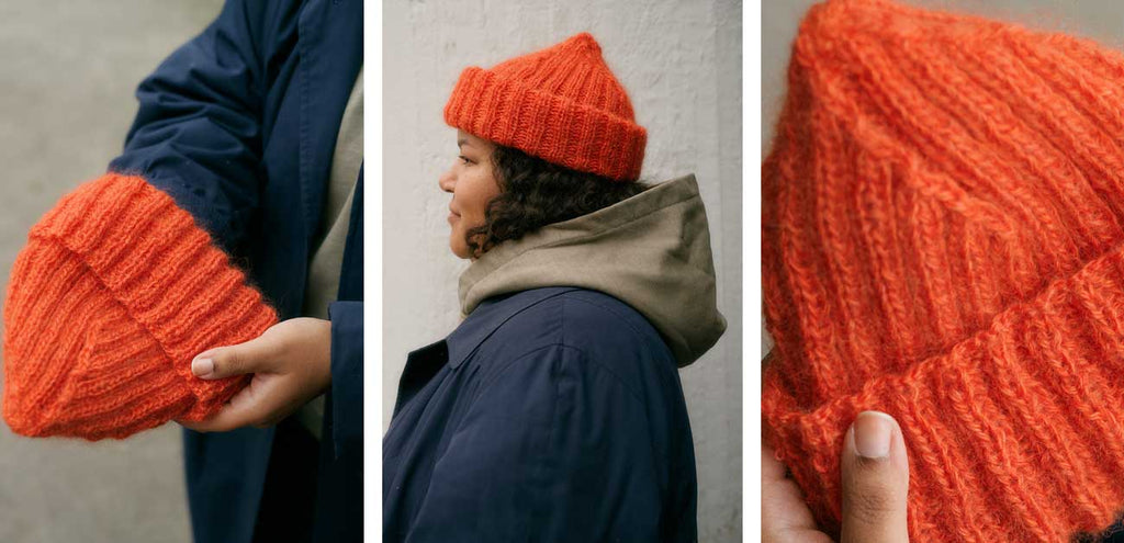 My City, My Stitches — gorro Puotila naranja en canalé, vistas del diseño