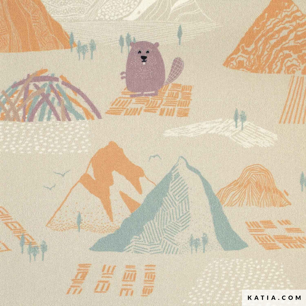 Tela Soft Shell de Katia Fabrics con exterior aislante y reverso de polar, estampado infantil de castores y montañas, ideal para coser parcas y chaquetas de invierno.