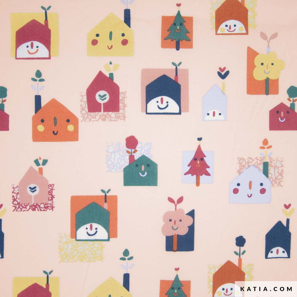 Tela de algodón popelina de Katia Fabrics con un tierno y original estampado de divertidas casitas, ideal para coser ropa y estuches.