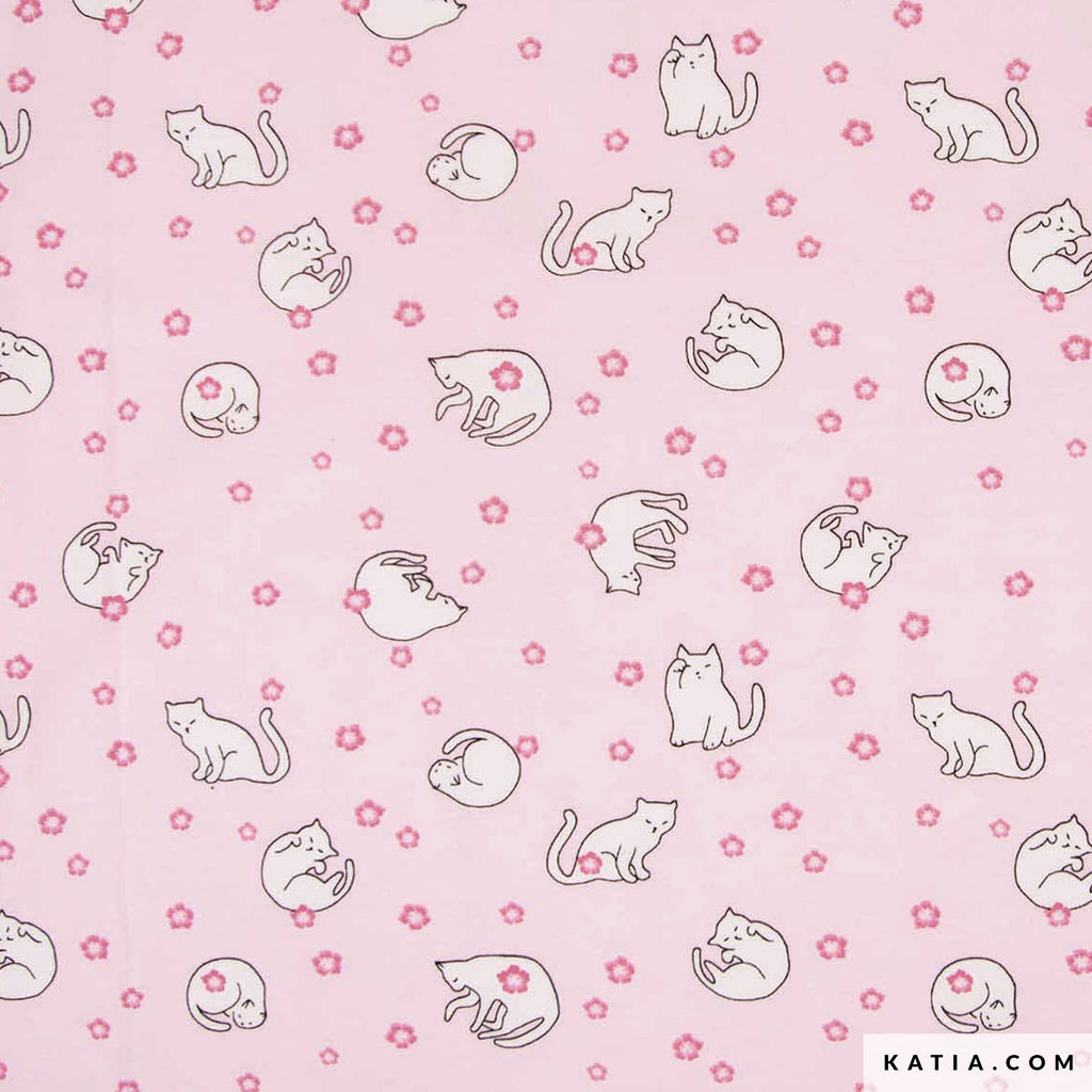 Tela Jersey "Cherry Blossom Cats" (95% Algodón/5% Elastán) <br> De Corte, 145cm de ancho