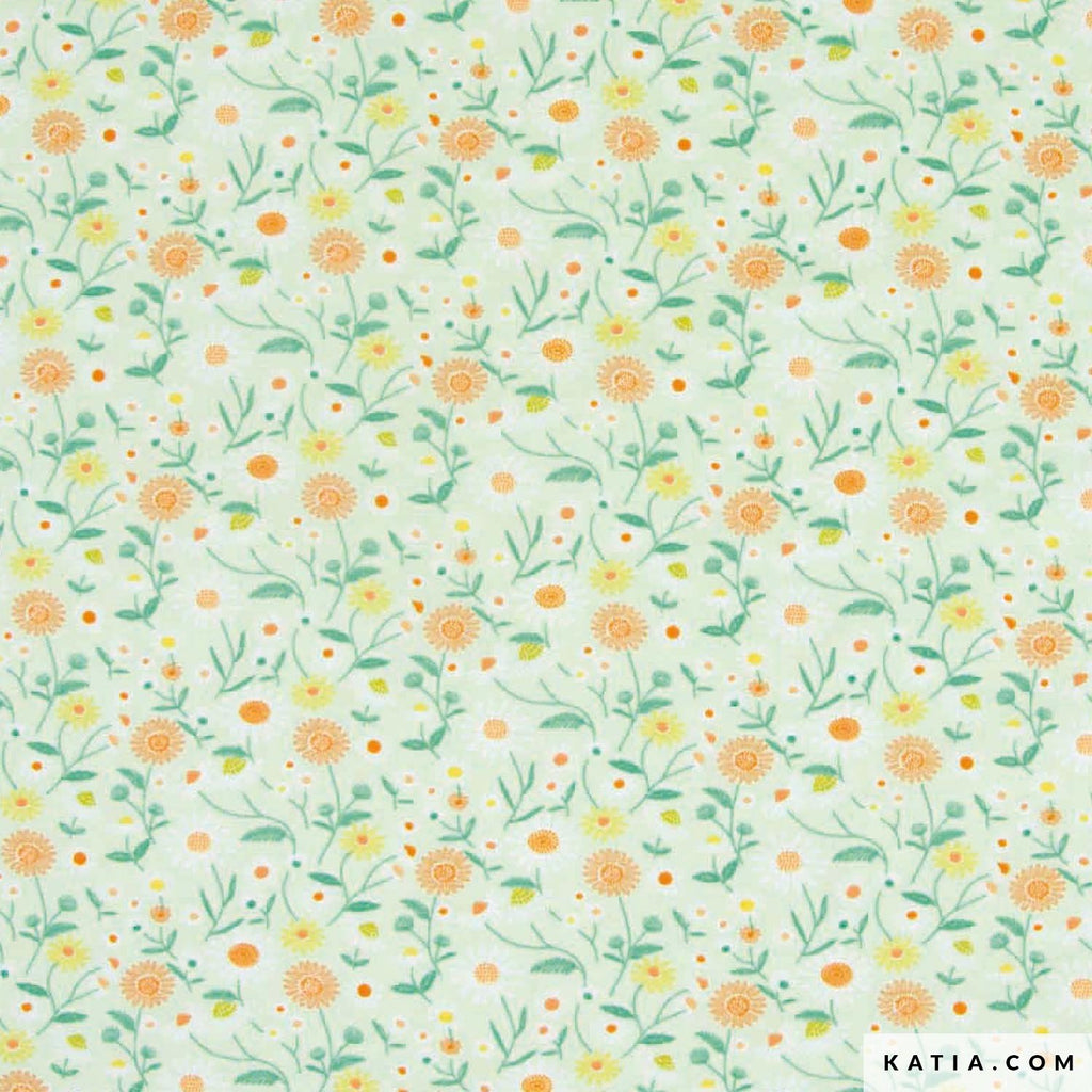 Tela de punto jersey de Katia Fabrics con hermosas y delicadas ilustraciones de flores y margaritas, ideal para confeccionar poleras y ropa cómoda.
