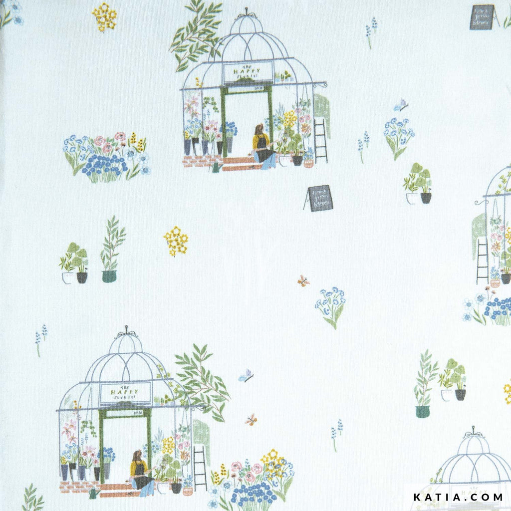 Tela de punto jersey de Katia Fabrics con alegre estampado floral colorido The Happy Florist, ideal para coser ropa elástica y cómoda.