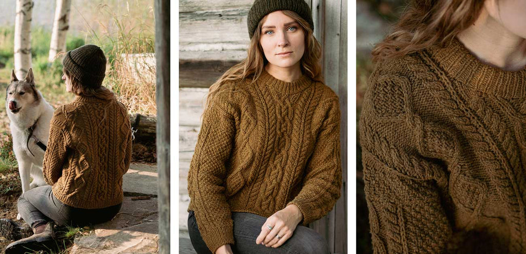 Unfolding Landscapes — suéter Cable en mostaza con trenzas, vistas del diseño