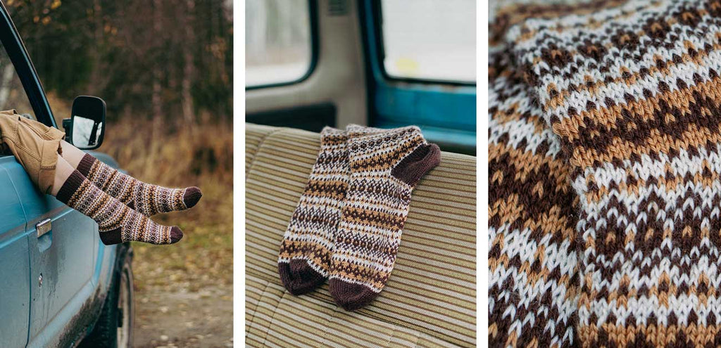 a— calcetines Dusty Roads con colorwork café y burdeos, vistas del diseño