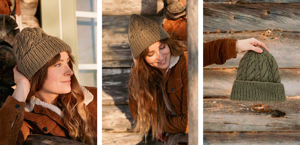 Unfolding Landscapes — gorro Forestline verde oliva con trenzas, vistas del diseño