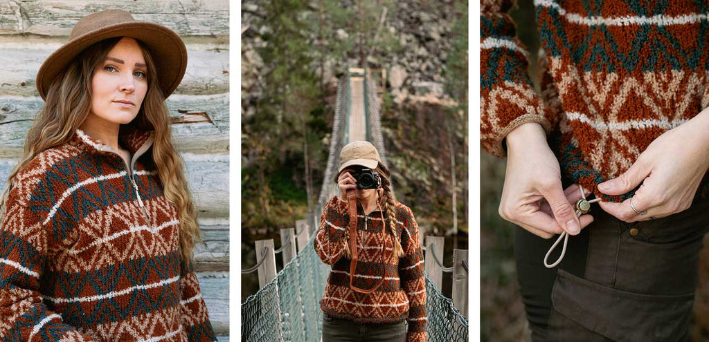 Unfolding Landscapes — suéter Overland con cierre y colorwork óxido, vistas del diseño