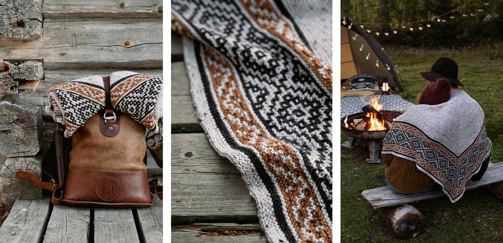 Unfolding Landscapes — chal Trail Shawl con colorwork óxido y crudo, vistas del diseño