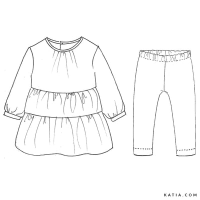 Patrón de Costura Vestido Combinado y Leggings  12 Meses a 4 Años
