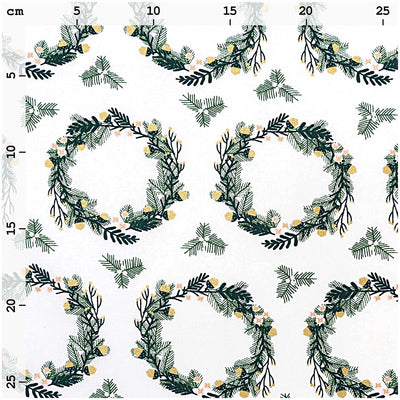 Tela Popelina Navidad White, Small Wreaths Gold (100% Algodón)  De corte, 140 cm de Ancho