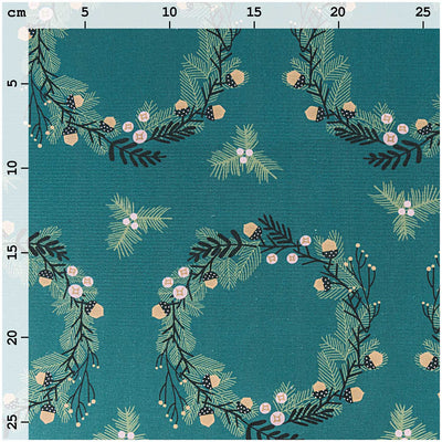 Tela Popelina Navidad Green, Big Wreath Gold (100% Algodón)  De corte, 140 cm de Ancho