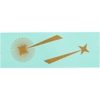 Cinta de Tafetán Para Regalos y Decoraciones de Navidad  3 metros Estrellas Fugaces Doradas con Fondo Turquesa
