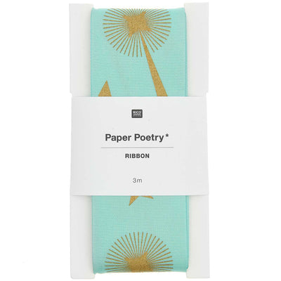 Cinta de Tafetán Para Regalos y Decoraciones de Navidad  3 metros Estrellas Fugaces Doradas con Fondo Turquesa