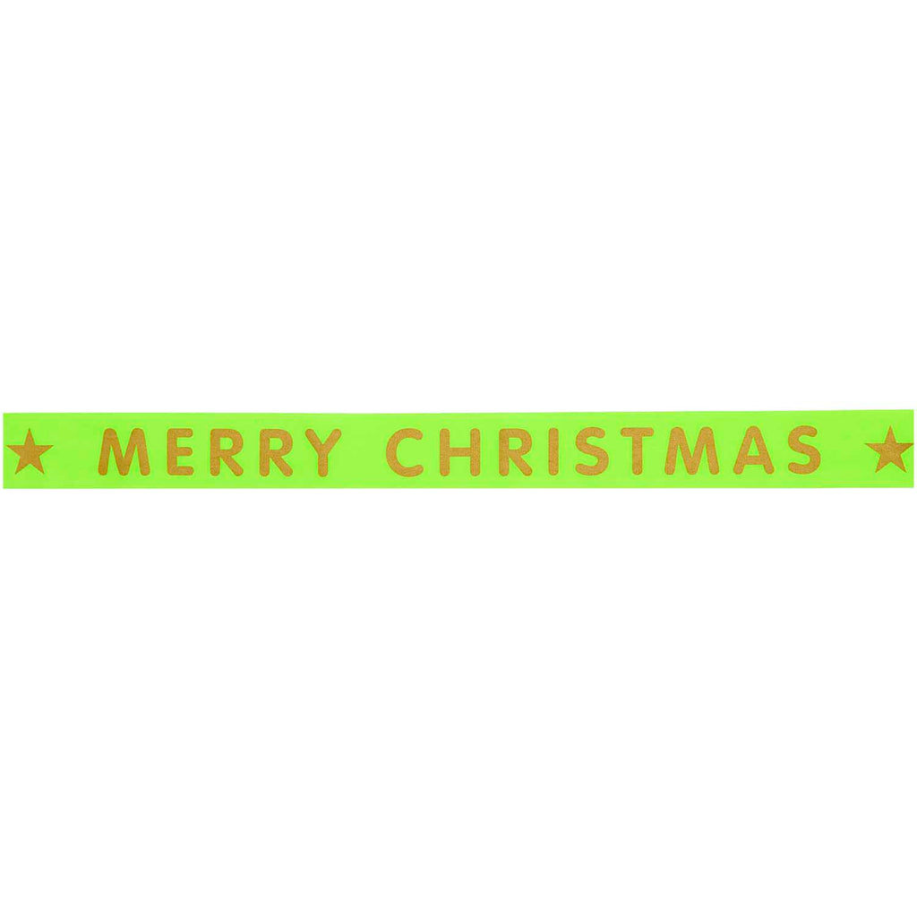 Cinta de Tafetán Para Regalos y Decoraciones de Navidad <br> 3 metros "Merry Christmas" Doradas con Fondo Verde Limón
